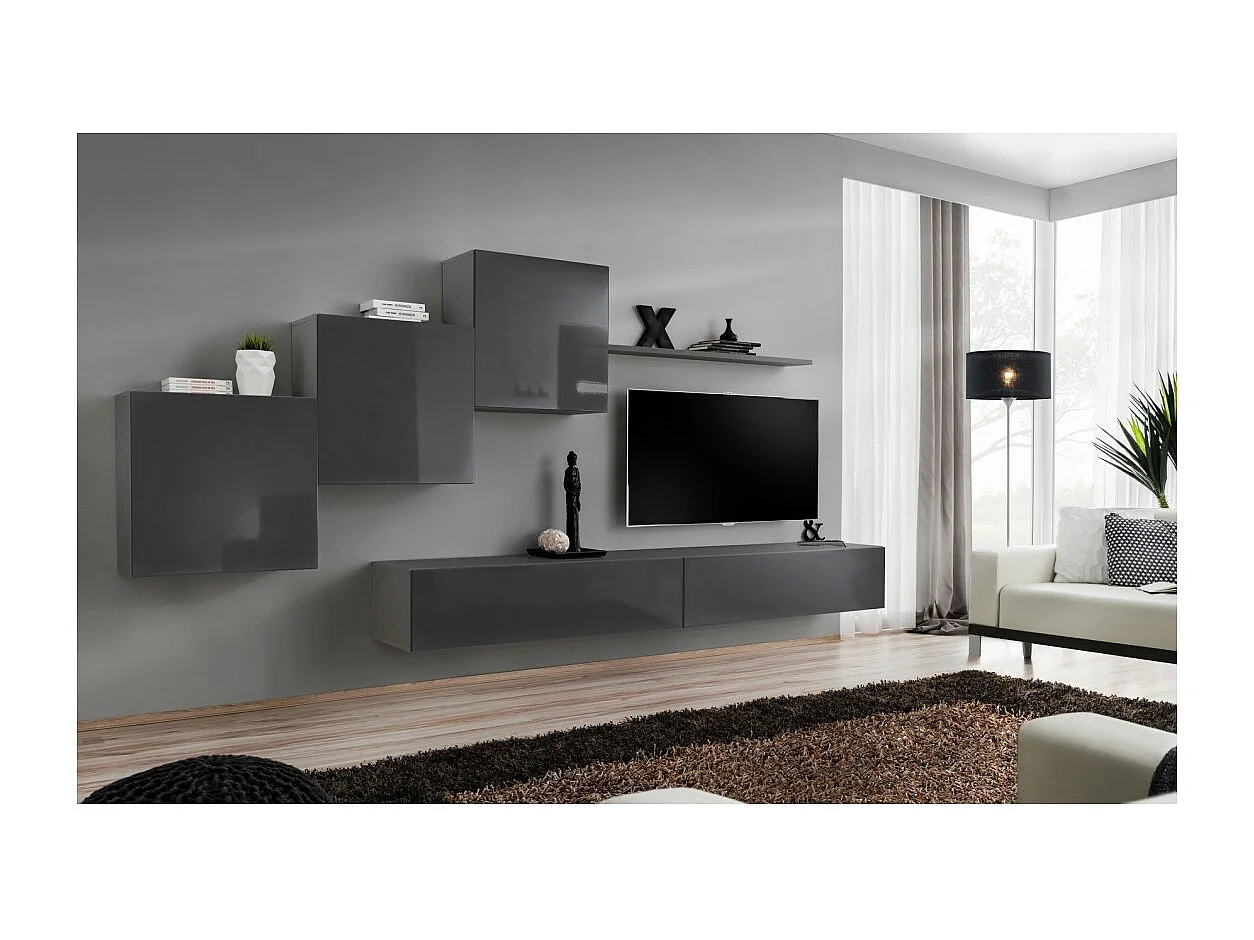 Ensemble meuble salon mural SWITCH X design, coloris gris brillant.