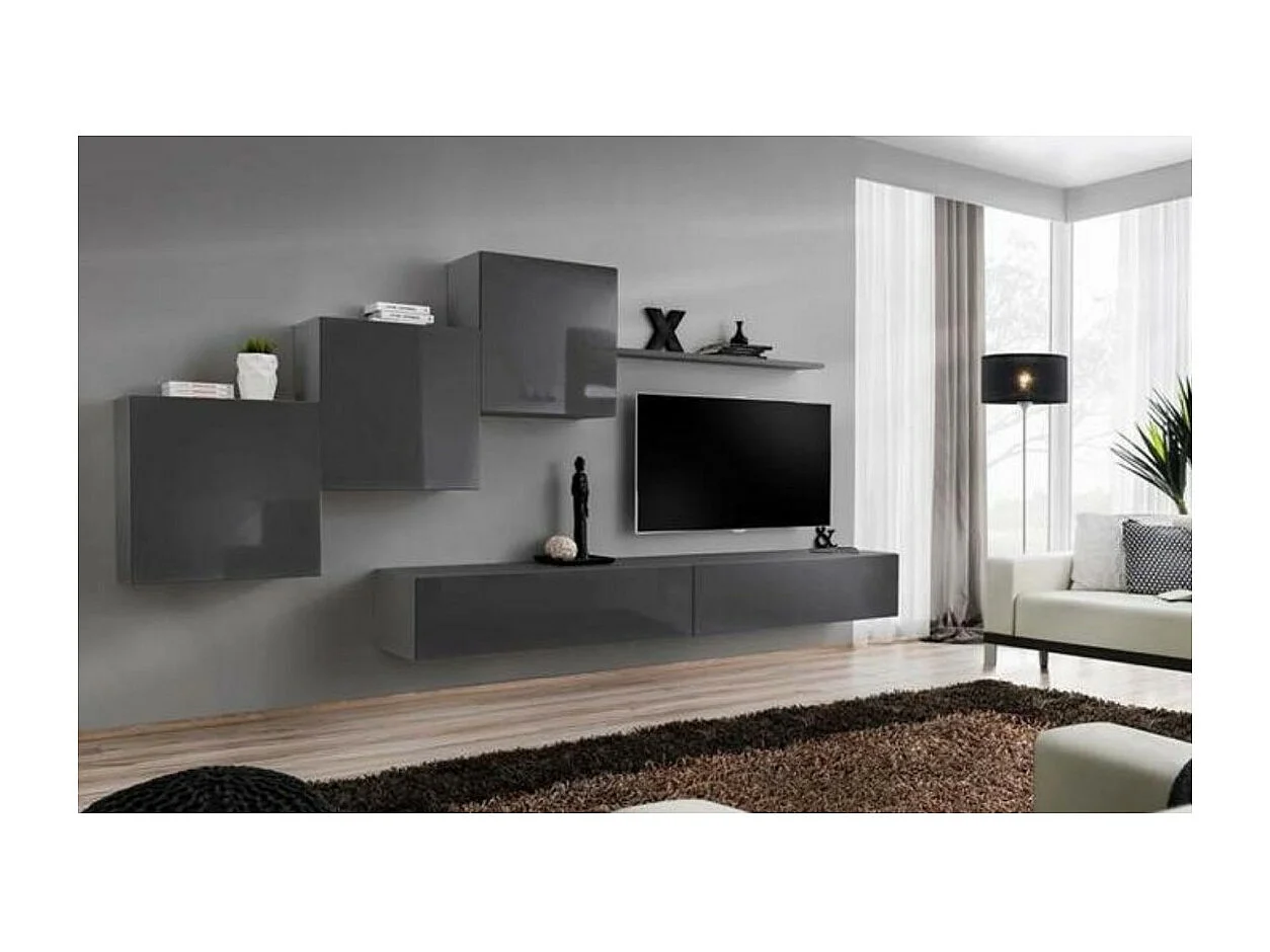 Ensemble meuble salon mural SWITCH X design, coloris gris brillant.