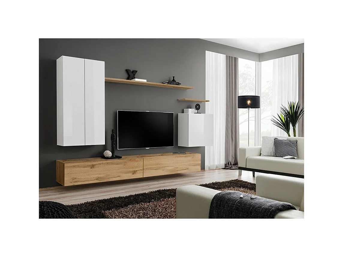 Wohnzimmermöbel-Set aus der Kollektion SWITCH II, Design in Weiß und Wotan-Eiche.