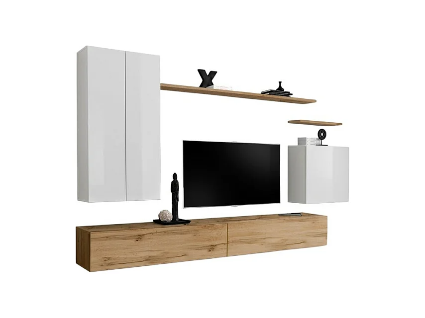 Ensemble de meubles de salon collection SWITCH II design, coloris blanc et chêne Wotan.