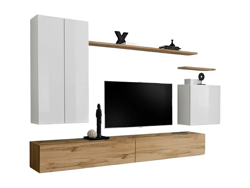 Ensemble de meubles de salon collection SWITCH II design, coloris blanc et chêne Wotan.