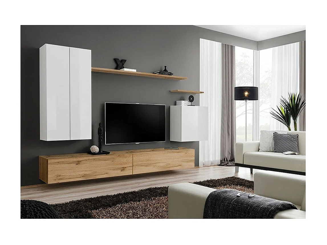 Ensemble de meubles de salon collection SWITCH II design, coloris blanc et chêne Wotan.
