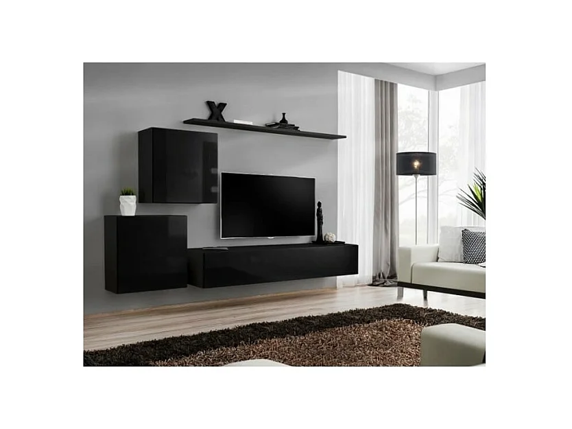 Conjunto de móveis de parede para sala SWITCH V design, cor preto brilhante.
