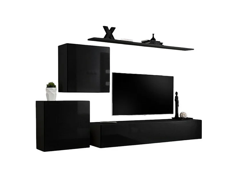 Ensemble meuble salon mural SWITCH V design, coloris noir brillant.