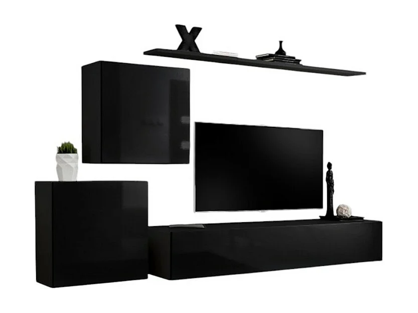 Ensemble meuble salon mural SWITCH V design, coloris noir brillant.