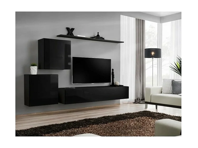 Ensemble meuble salon mural SWITCH V design, coloris noir brillant.