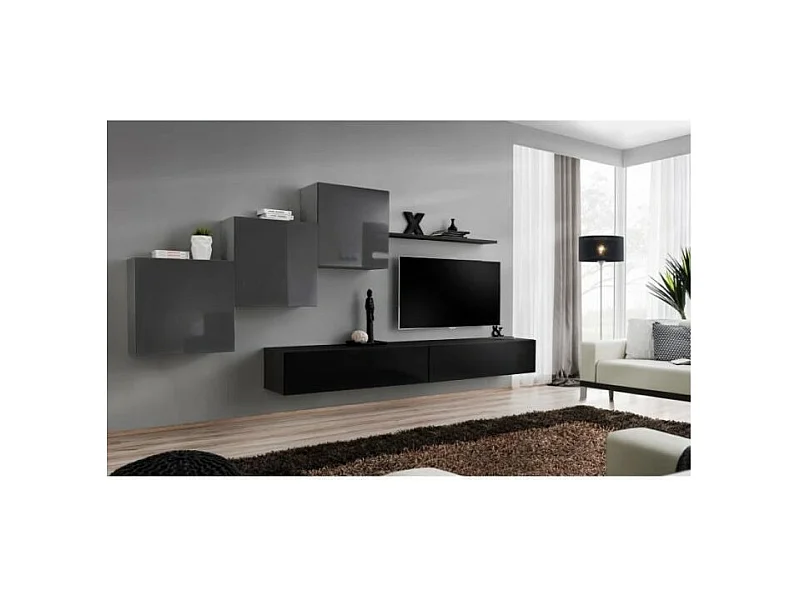 Conjunto de móveis de parede para sala SWITCH X, design, nas cores preto e cinza brilhante.