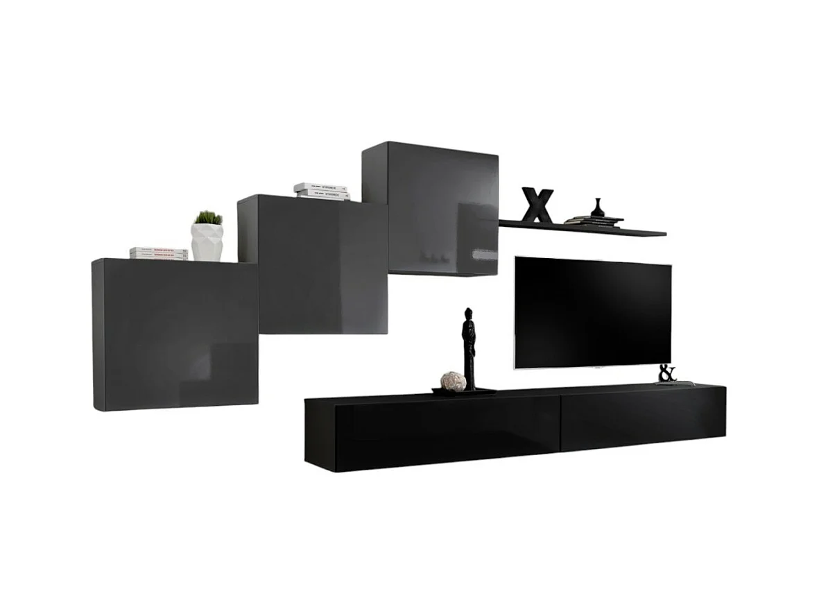 Ensemble meuble salon mural SWITCH X design, coloris noir et gris brillant.