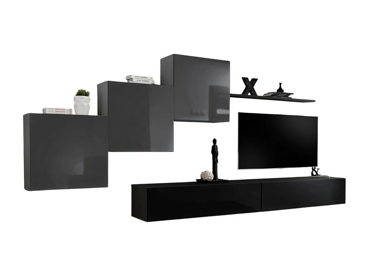 Wandmeubel set voor de woonkamer SWITCH X design, in glanzend zwart en grijs.