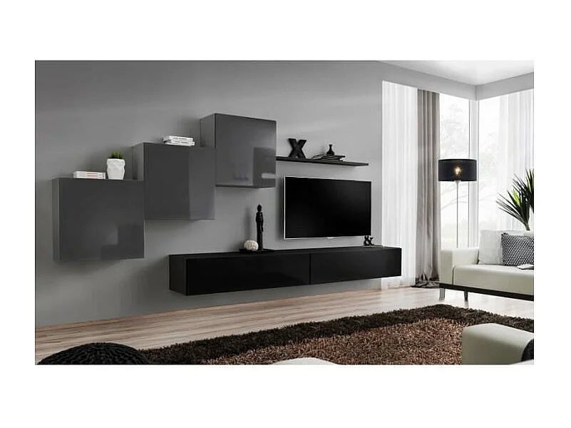 Wandmeubel set voor de woonkamer SWITCH X design, in glanzend zwart en grijs.