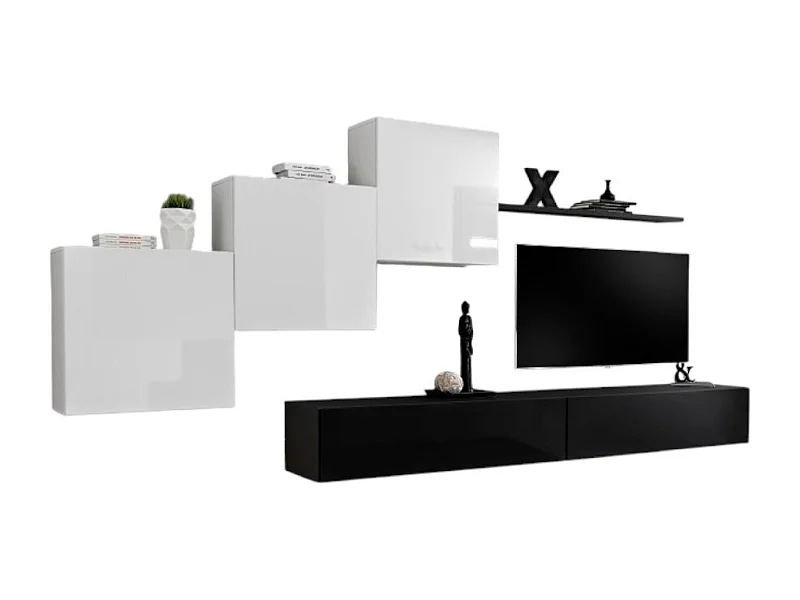 Conjunto de móveis de parede para sala de estar SWITCH X, design, nas cores preto e branco brilhante.
