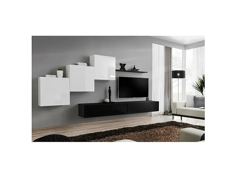 Wandmeubelset voor de woonkamer SWITCH X design, in glanzend zwart en wit.