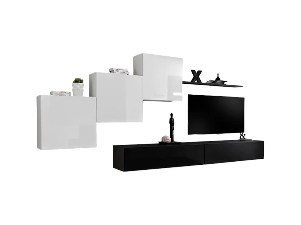 Ensemble meuble salon mural SWITCH X design, coloris noir et blanc brillant.