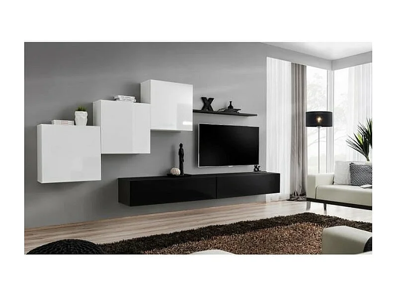 Wandmeubelset voor de woonkamer SWITCH X design, in glanzend zwart en wit.