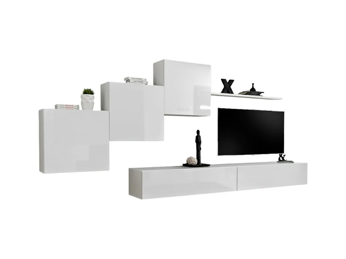 Conjunto de móveis para sala de estar SWITCH X, design mural, na cor branco brilhante.