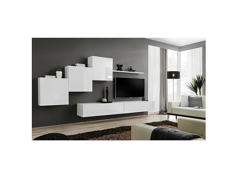 Conjunto de móveis para sala de estar SWITCH X, design mural, na cor branco brilhante.