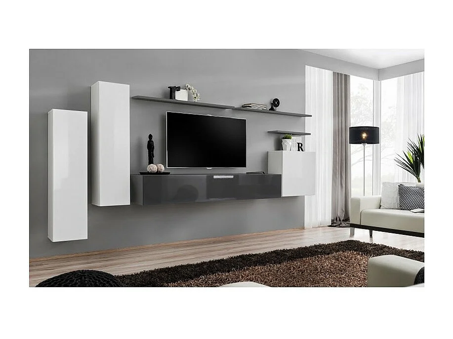 Conjunto de móveis para sala de estar da coleção SWITCH I, design em cores branco e cinza brilhante.