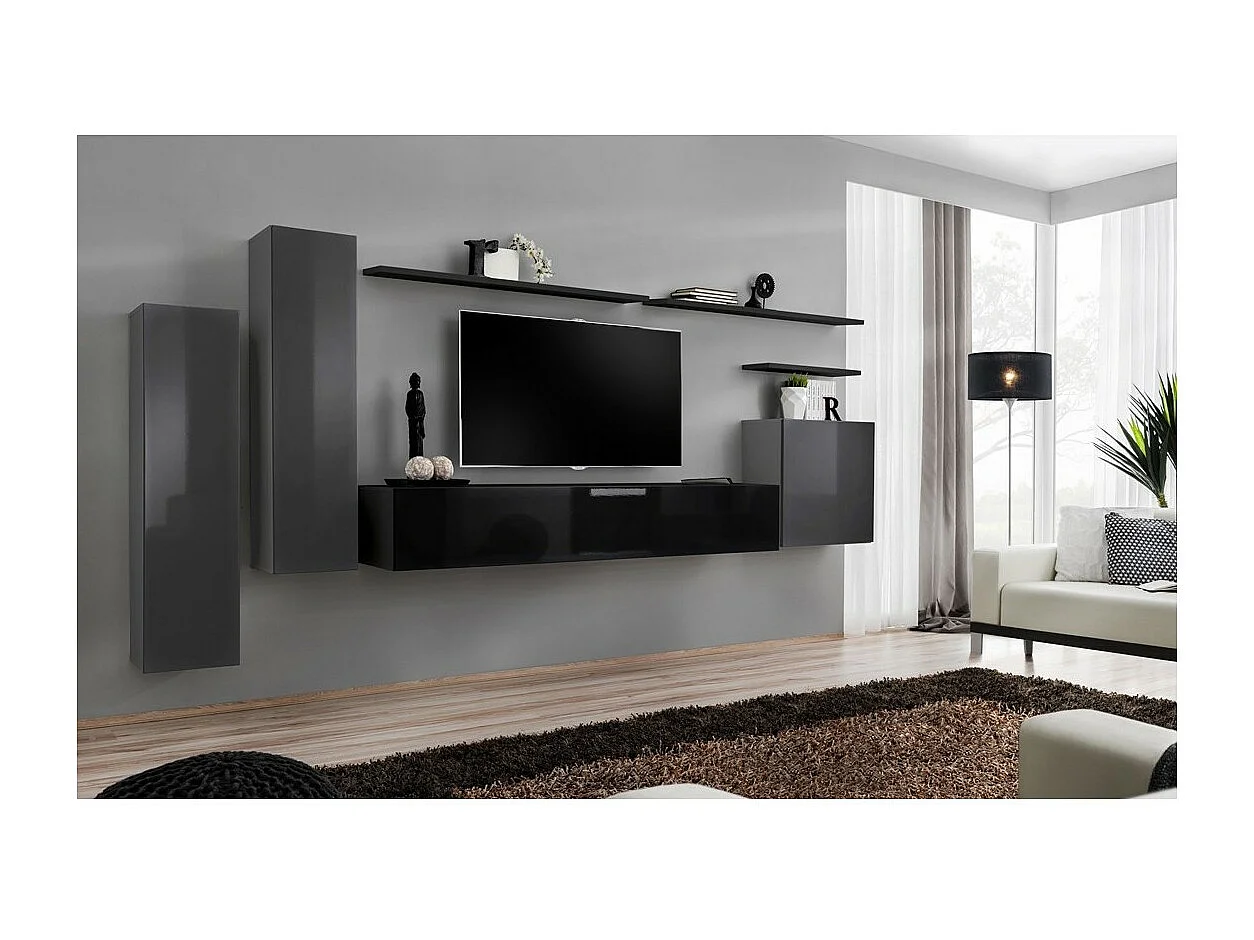 Set van woonkamermeubels uit de SWITCH I collectie, design in glanzend grijs en zwart.