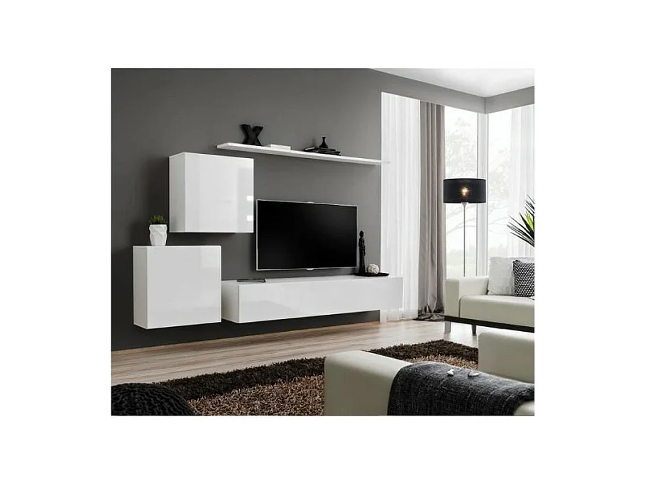 Conjunto de móveis para sala de estar SWITCH V, design mural, na cor branca brilhante.