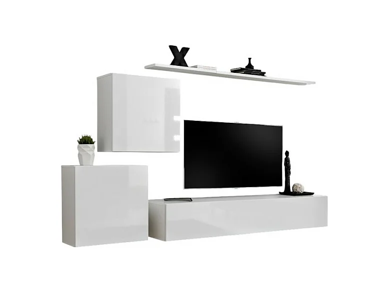 Ensemble meuble salon mural SWITCH V design, coloris blanc brillant.