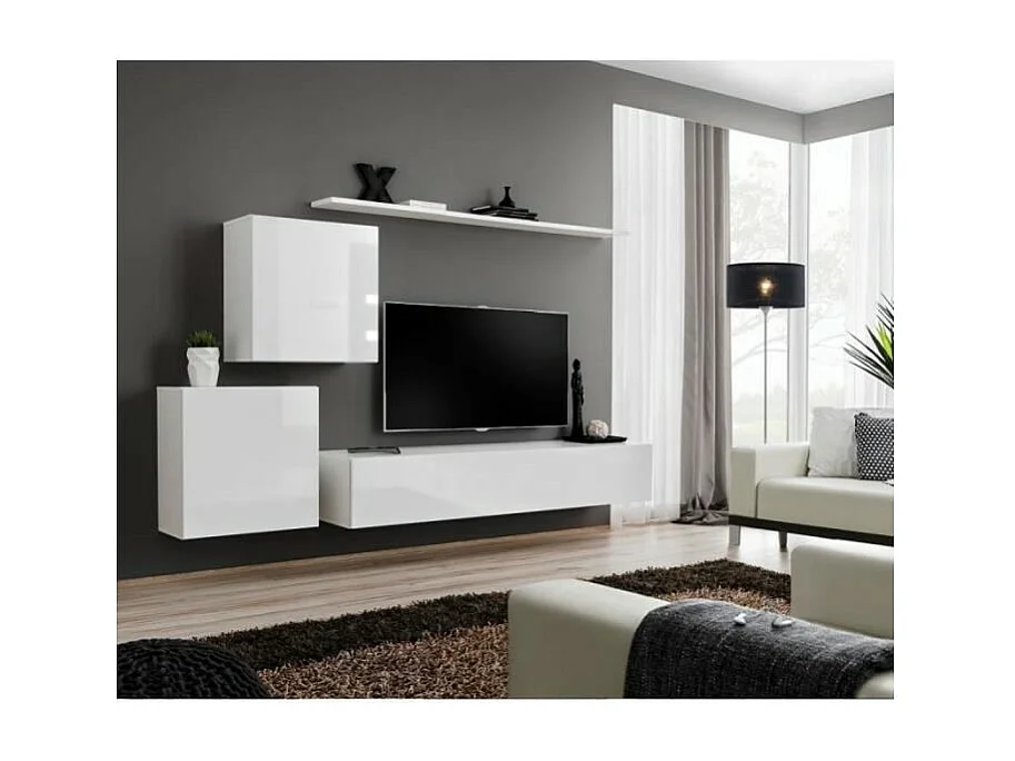 Ensemble meuble salon mural SWITCH V design, coloris blanc brillant.