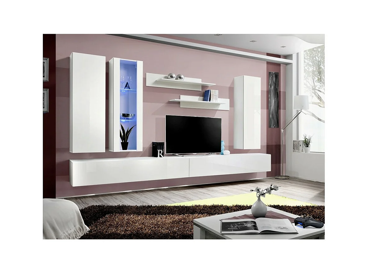 Mueble para TV FLY E4 de diseño, color blanco brillante. Mueble colgante moderno y de moda para tu sala.