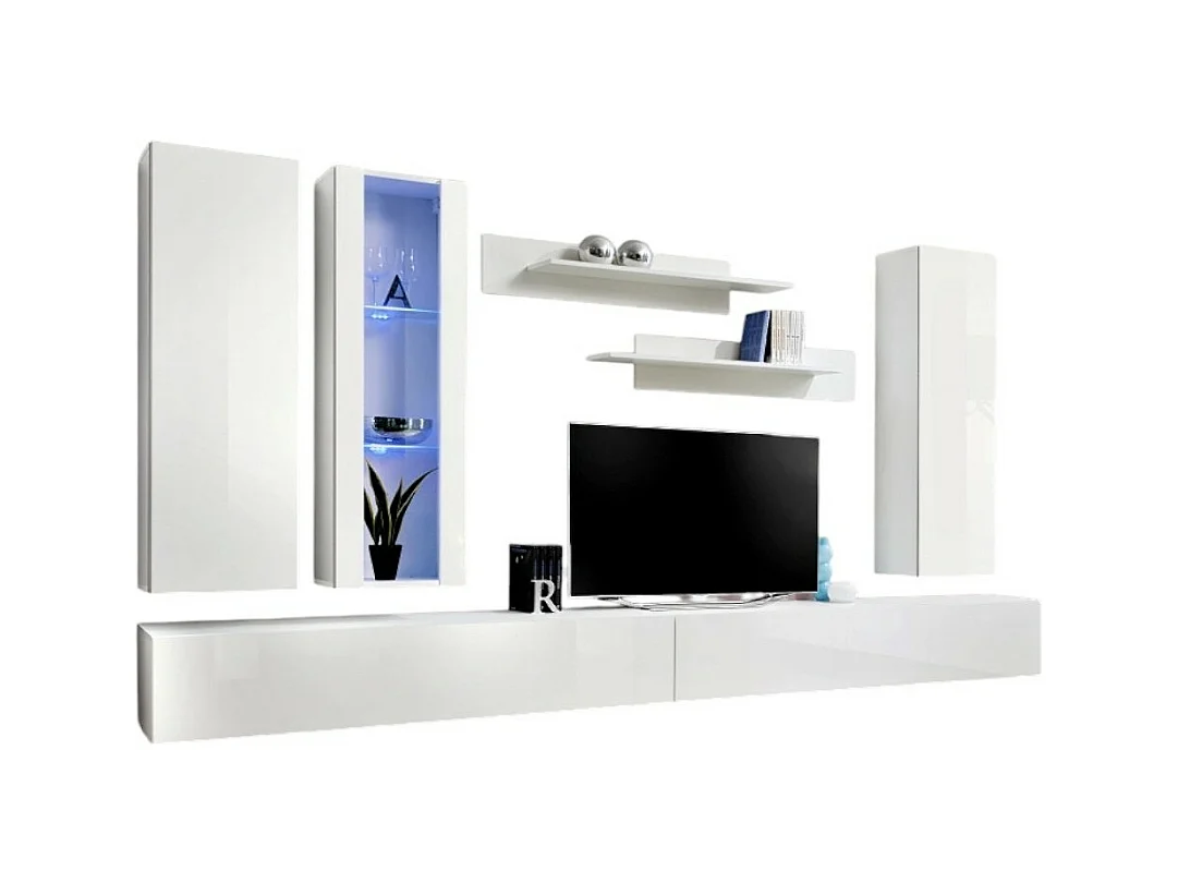 Meuble TV FLY E4 design, coloris blanc brillant. Meuble suspendu moderne et tendance pour votre salon.