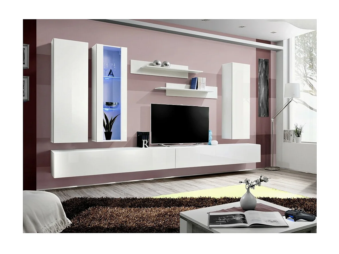 TV-meubel FLY E4, uitgevoerd in glanzend wit. Modern en trendy zwevend meubel voor uw woonkamer.