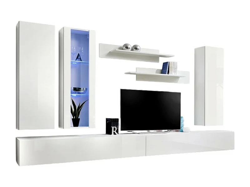 Meuble TV FLY E4 design, coloris blanc brillant. Meuble suspendu moderne et tendance pour votre salon.