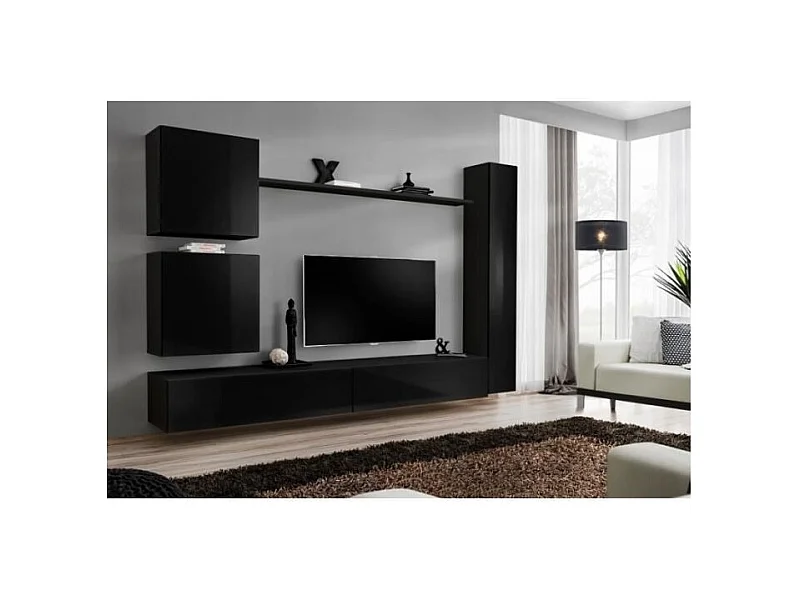 Ensemble meuble salon SWITCH VIII design, coloris noir brillant.