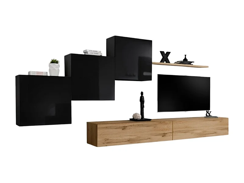 Conjunto de móveis para sala de estar mural SWITCH X design, nas cores carvalho Wotan e preto brilhante.