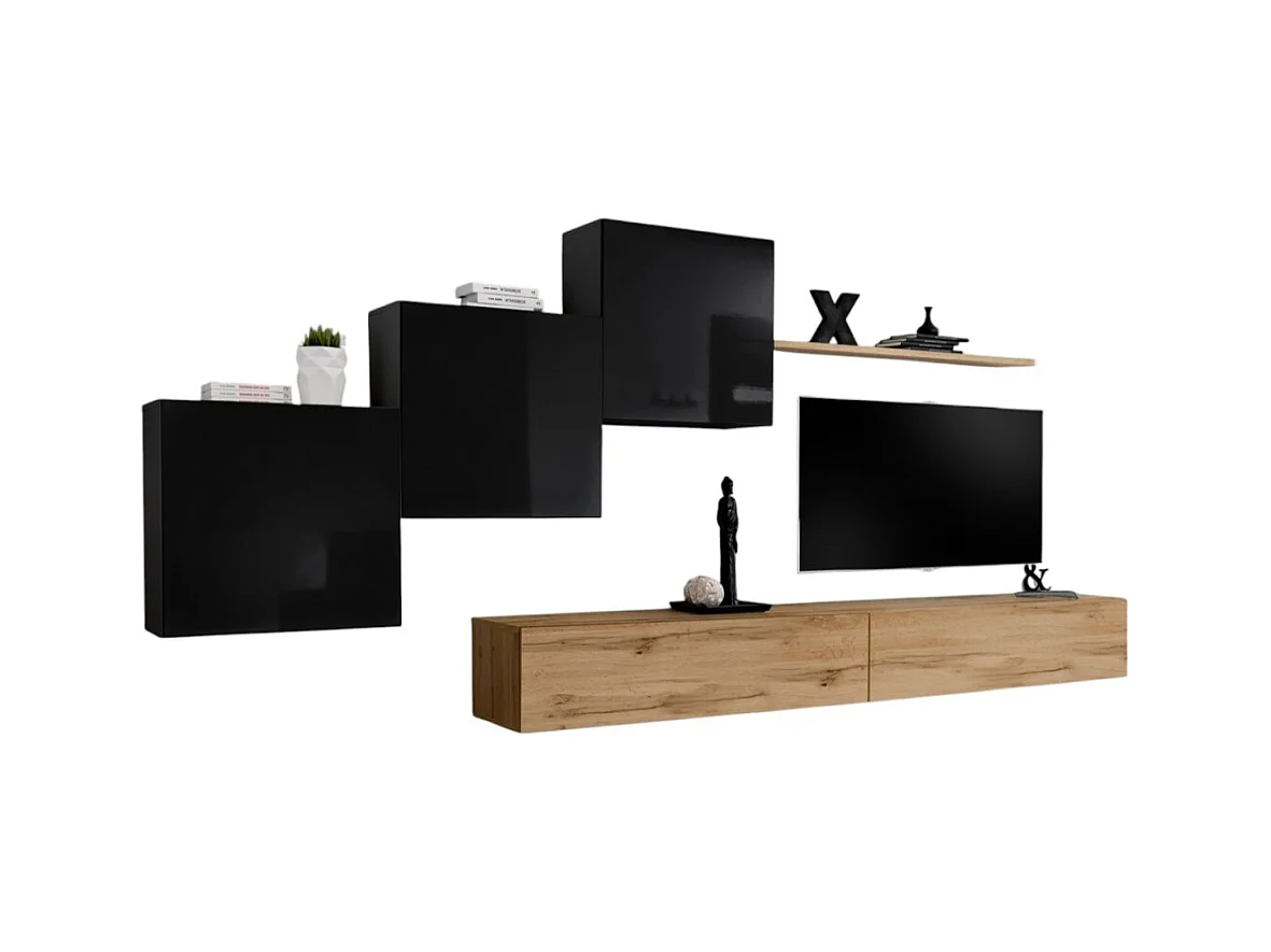 Conjunto de móveis para sala de estar mural SWITCH X design, nas cores carvalho Wotan e preto brilhante.