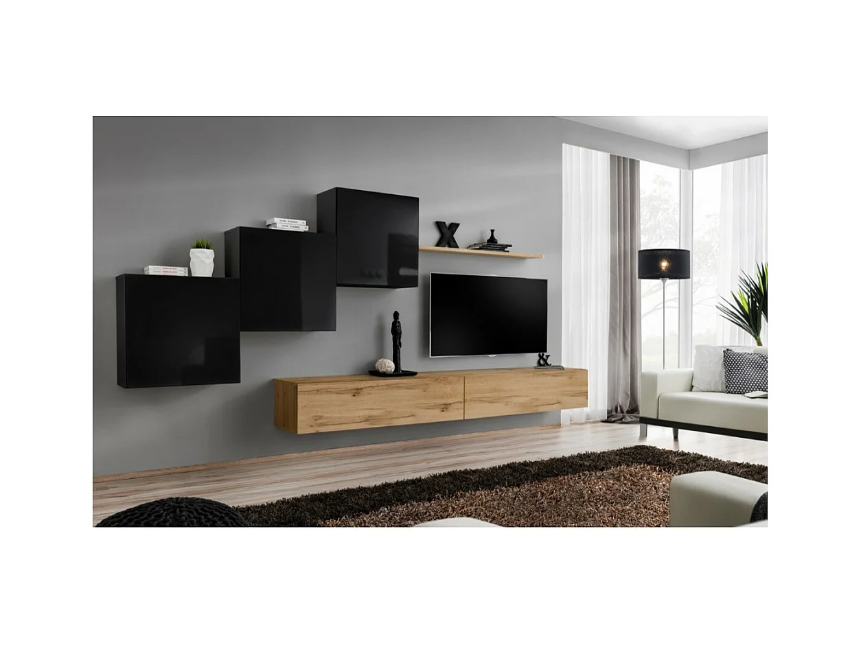 Conjunto de móveis para sala de estar mural SWITCH X design, nas cores carvalho Wotan e preto brilhante.