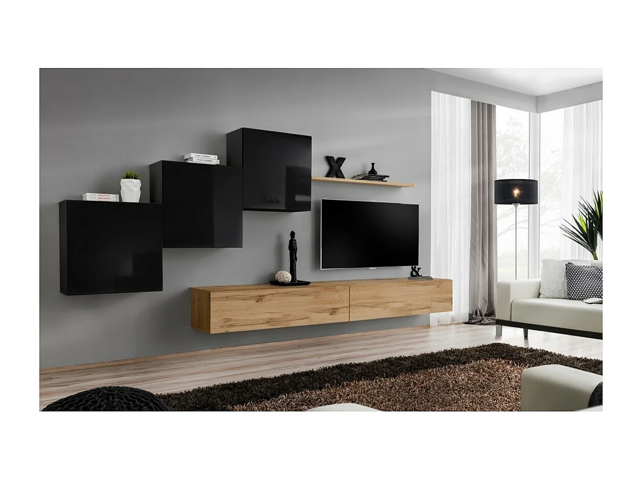 Ensemble meuble salon mural SWITCH X design, coloris chêne Wotan et noir brillant.