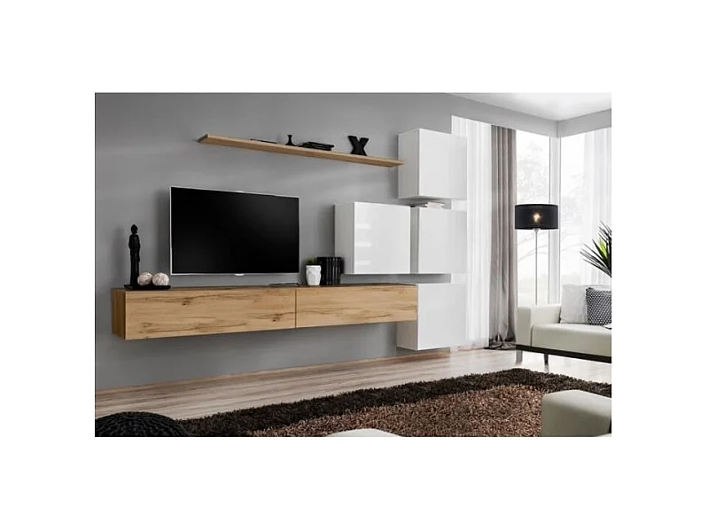 Conjunto de móveis de parede para sala SWITCH IX design, cor carvalho Wotan e branco brilhante.