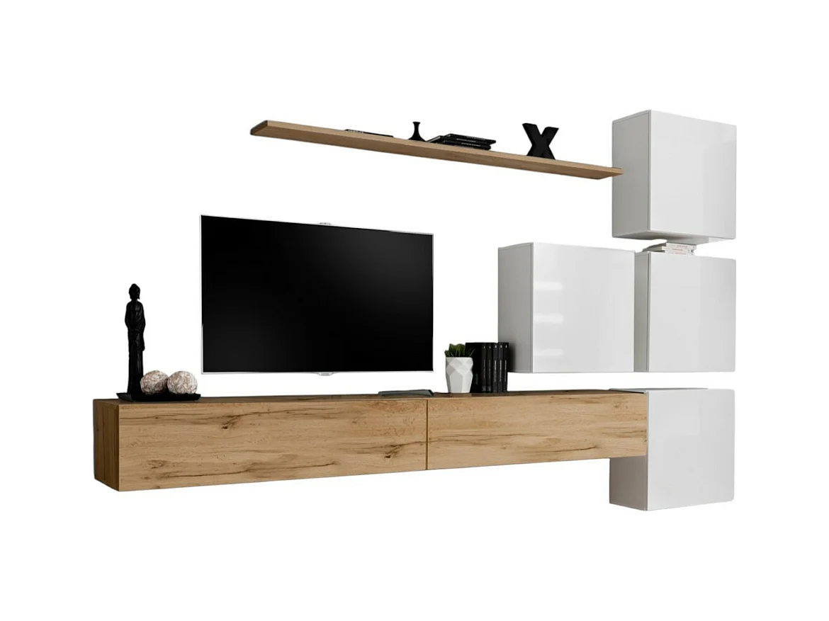 Ensemble meuble salon mural SWITCH IX design, coloris chêne Wotan et blanc brillant.