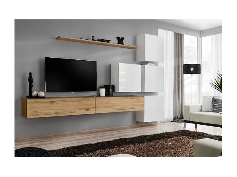 Woonkamer wandmeubel set SWITCH IX design, in Wotan eiken en glanzend wit.