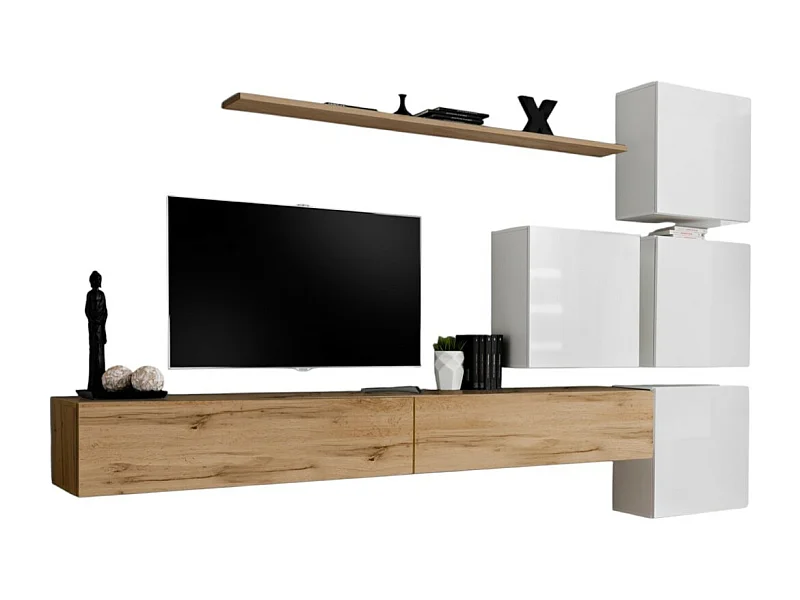 Conjunto de muebles de pared para sala SWITCH IX diseño, color roble Wotan y blanco brillante.