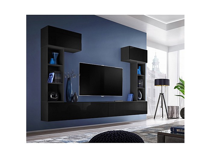 Ensemble meuble télé mural CUBE 2 design coloris noir et noir brillant ...