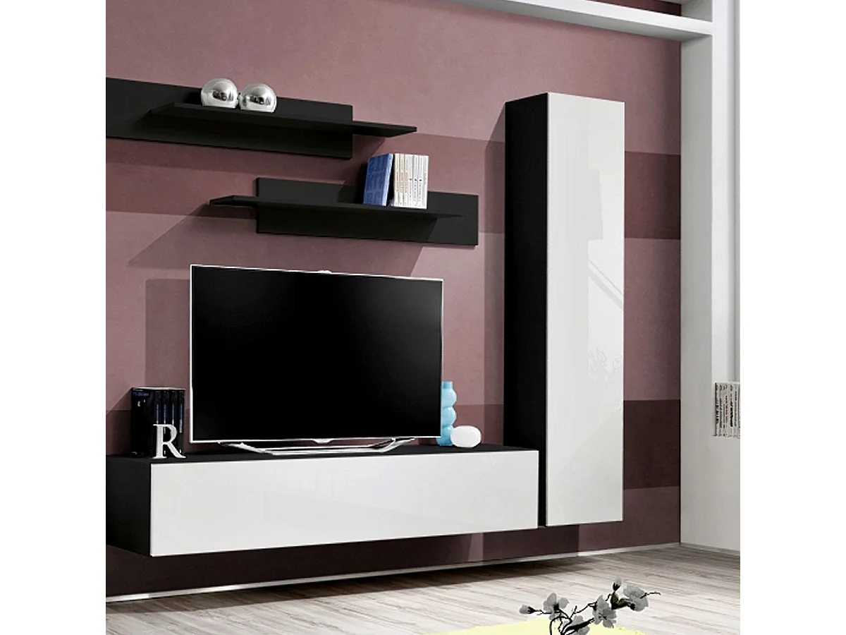 Meuble TV Mural Design "Fly I" 260cm Blanc & Noir