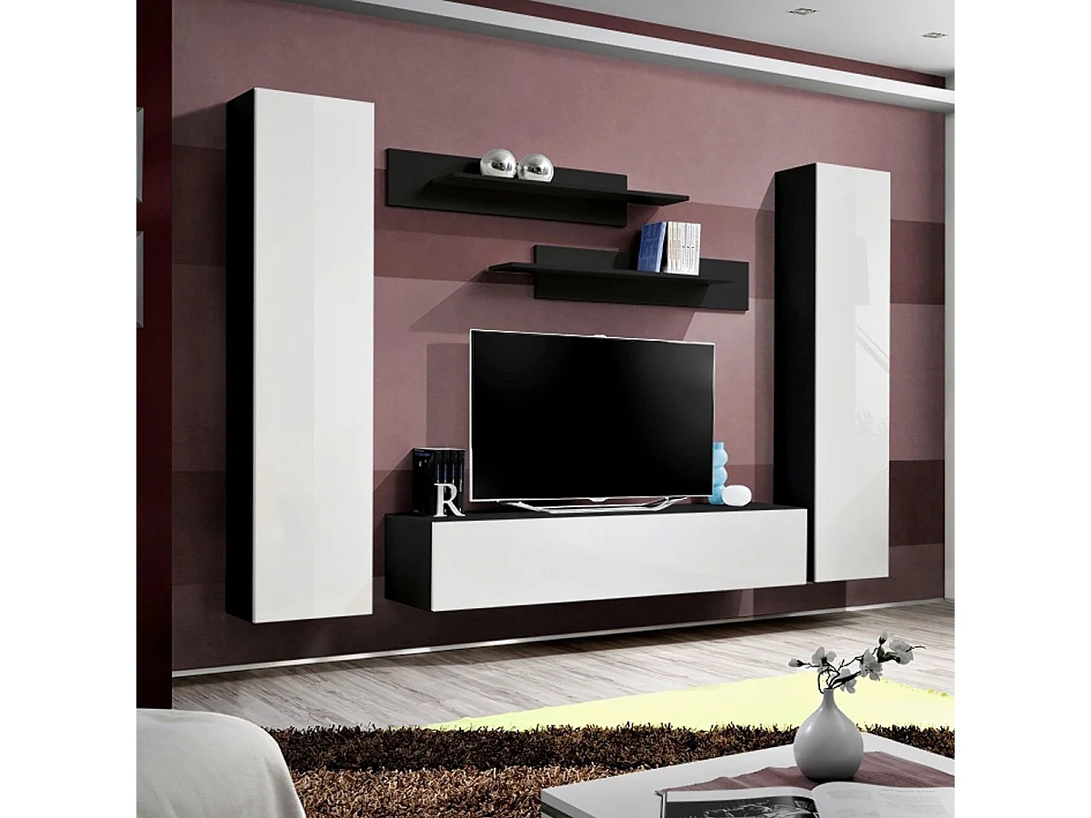 Meuble TV Mural Design "Fly I" 260cm Blanc & Noir