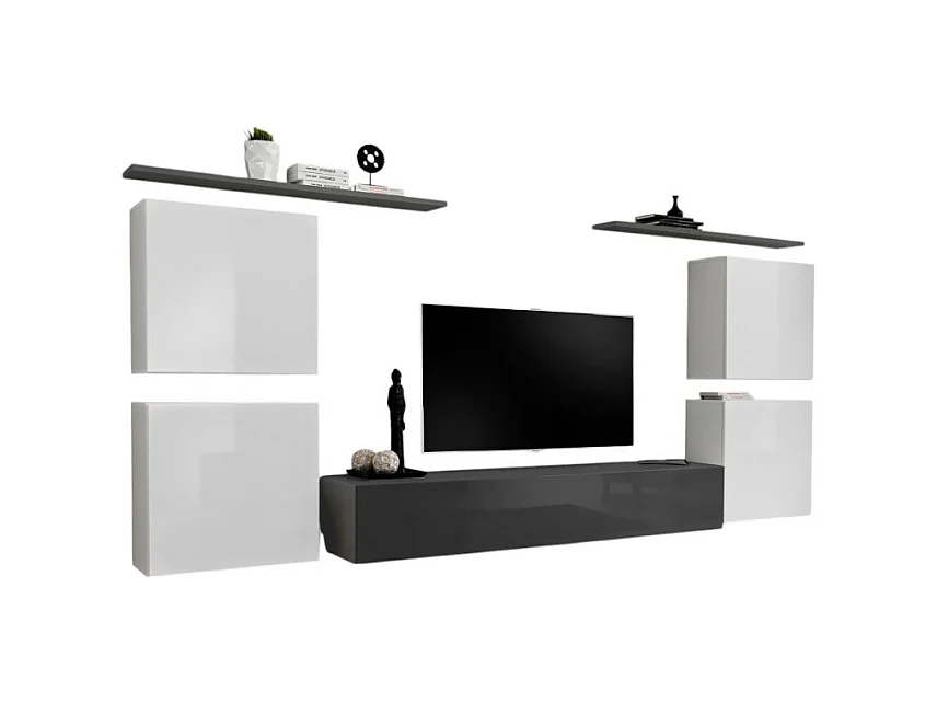 Wohnzimmermöbelset SWITCH IV im Design, Farben Grau und Glänzend Weiß.