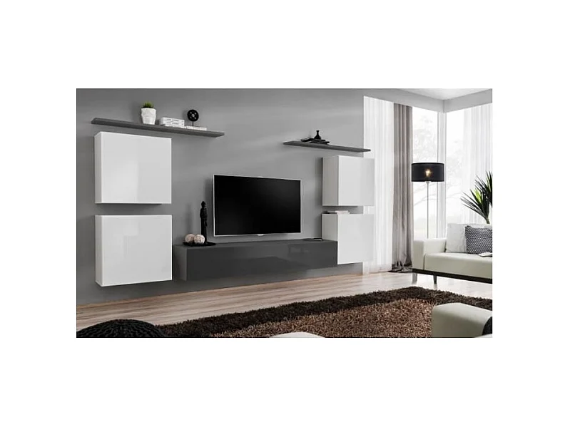 Wohnzimmermöbelset SWITCH IV im Design, Farben Grau und Glänzend Weiß.