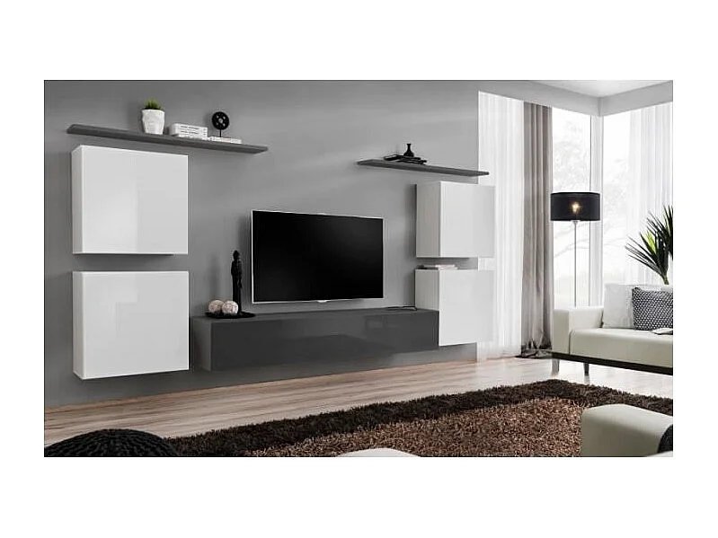Ensemble meuble salon SWITCH IV design, coloris gris et blanc brillant.