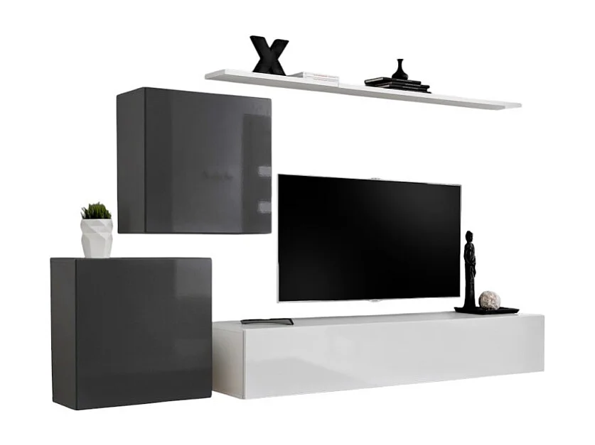 Ensemble meuble salon SWITCH V design, coloris blanc et gris brillant.