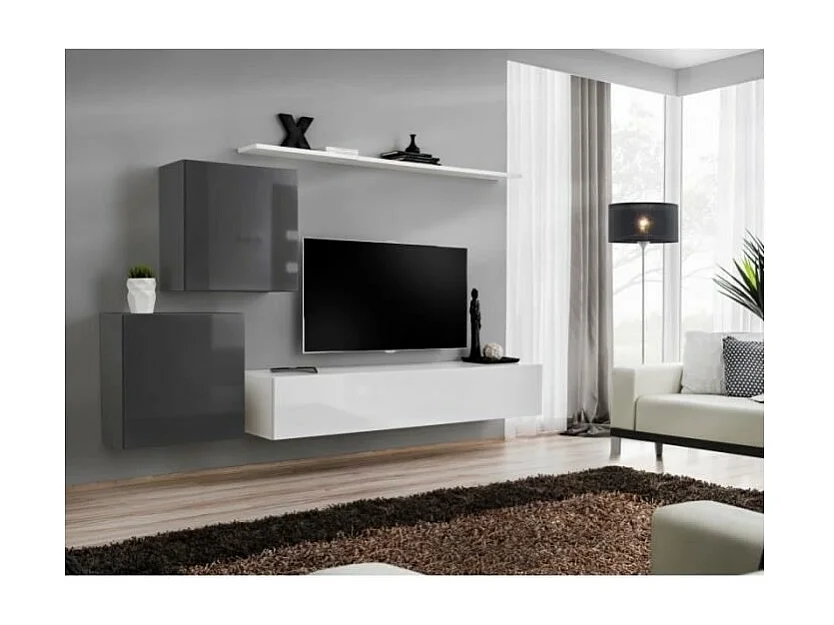 Ensemble meuble salon SWITCH V design, coloris blanc et gris brillant.