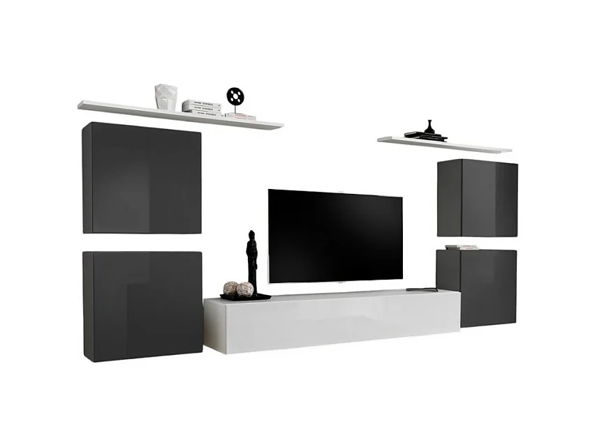 Ensemble meuble salon SWITCH IV design, coloris blanc et gris brillant.
