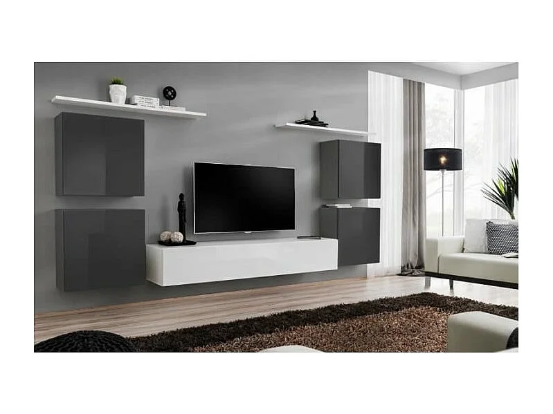Ensemble meuble salon SWITCH IV design, coloris blanc et gris brillant.