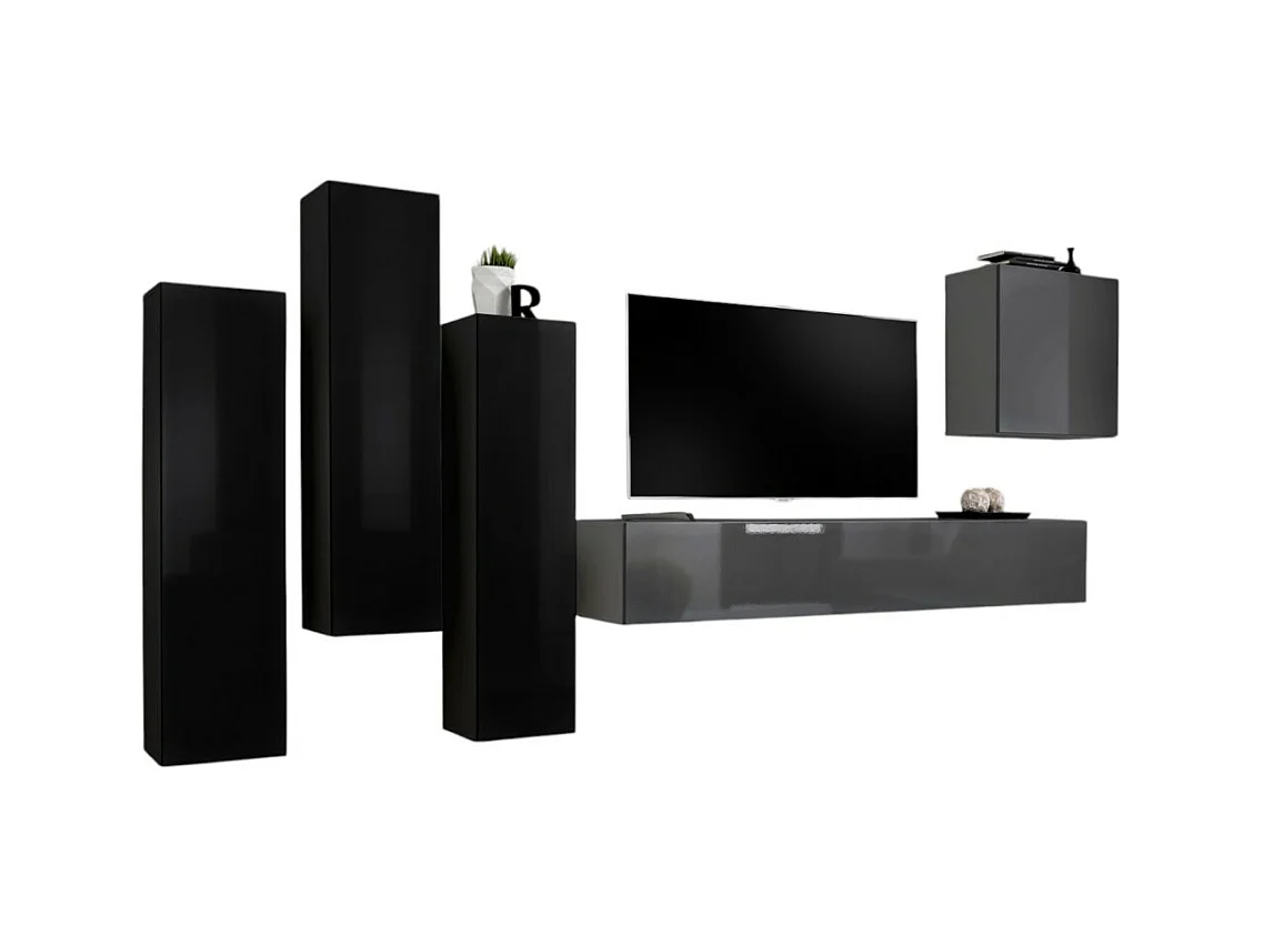 Designermöbel-Set für das Wohnzimmer, Kollektion SWITCH III. Farben Schwarz und glänzendes Grau.