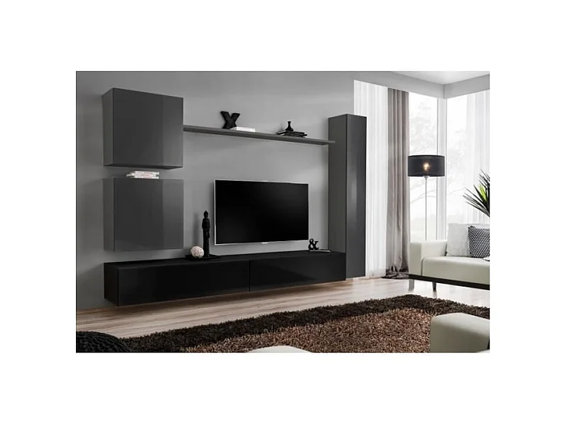Conjunto de móveis para sala de estar mural SWITCH VIII. Móvel de TV de parede design, nas cores preto e cinza brilhante.